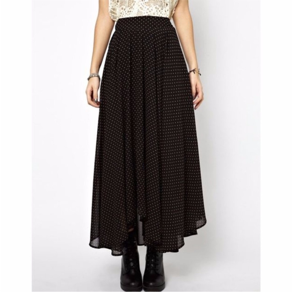 Free People Asymmetrical Polka Dot Maxi Skirt Black M